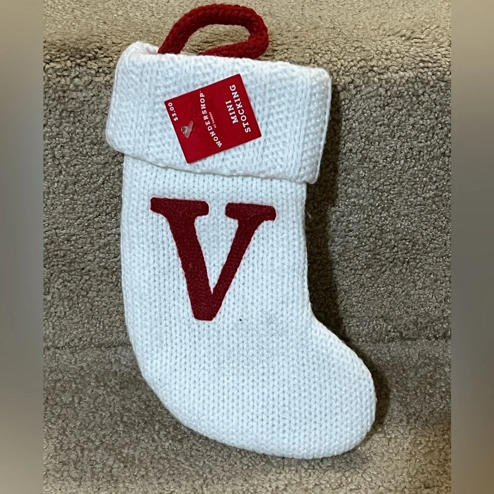 Wondershop Monogram Mini Christmas Stocking Initial Letter V White Knit Target